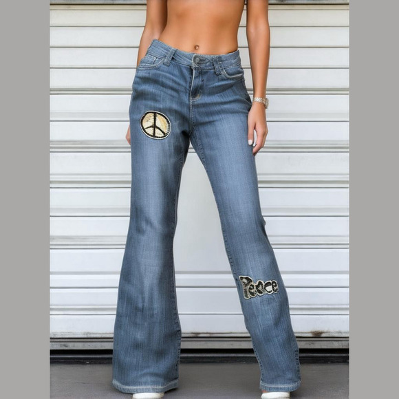 Mudd Denim - Mudd Women's Baggy Jeans Embroidered Peace Sign – Size 11, Gypsy, Hippie, Boho